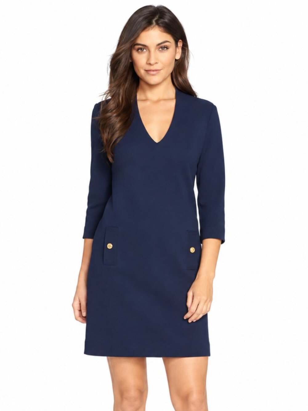 Lilly Pulitzer Navy V-Neck Shift Dress Gold Buttons 3/4 Sleeve Size M